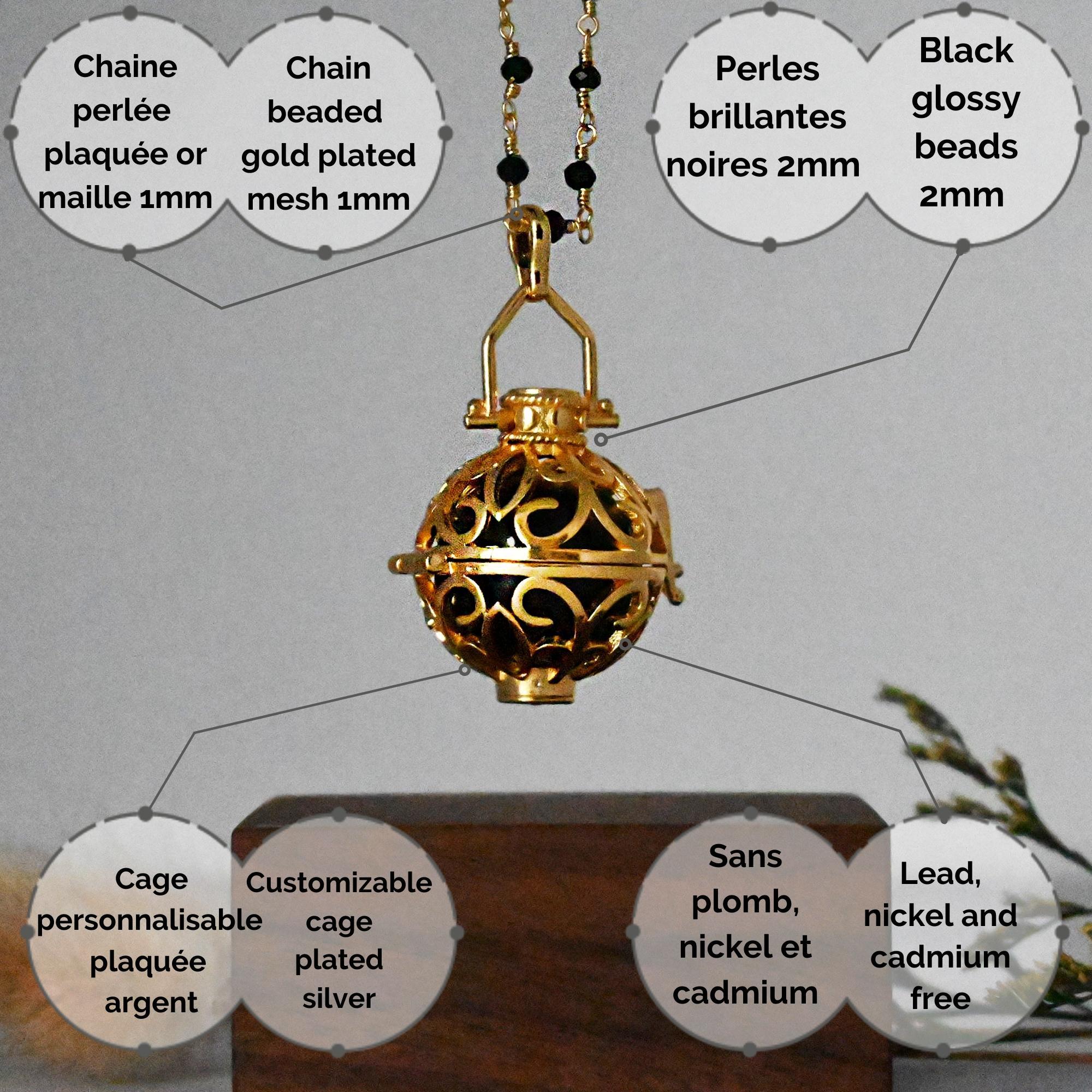 Bola de grossesse cage or - LIA (Chaine perlée noire/bille noire) (réf NB3022)