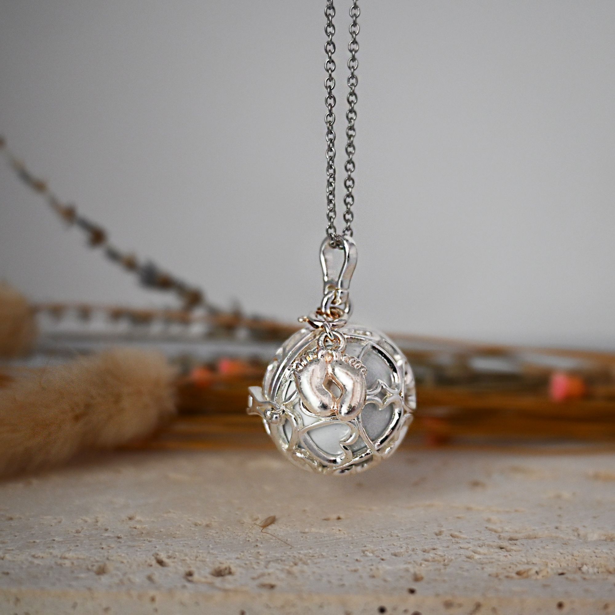 Bola de grossesse cage argent - JULIETTA (Pieds/bille blanche) (réf NB3020)