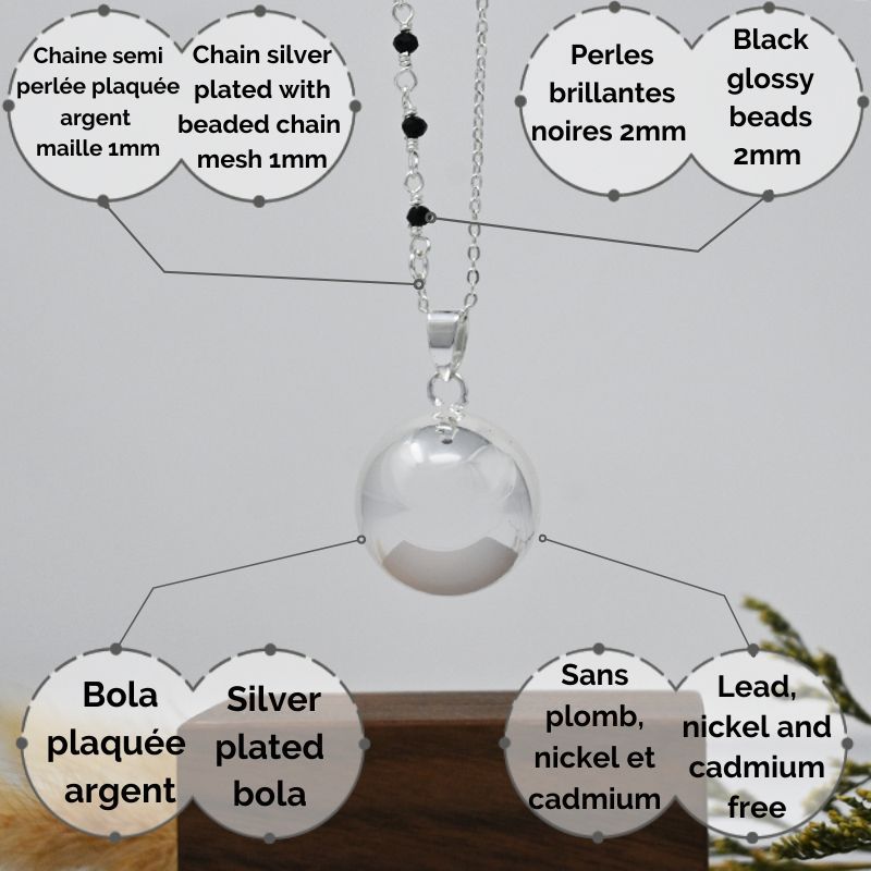Bola de grossesse argent lisse - GIULINA (Chaine semi-perlée/cristal noir) (réf NB1070)