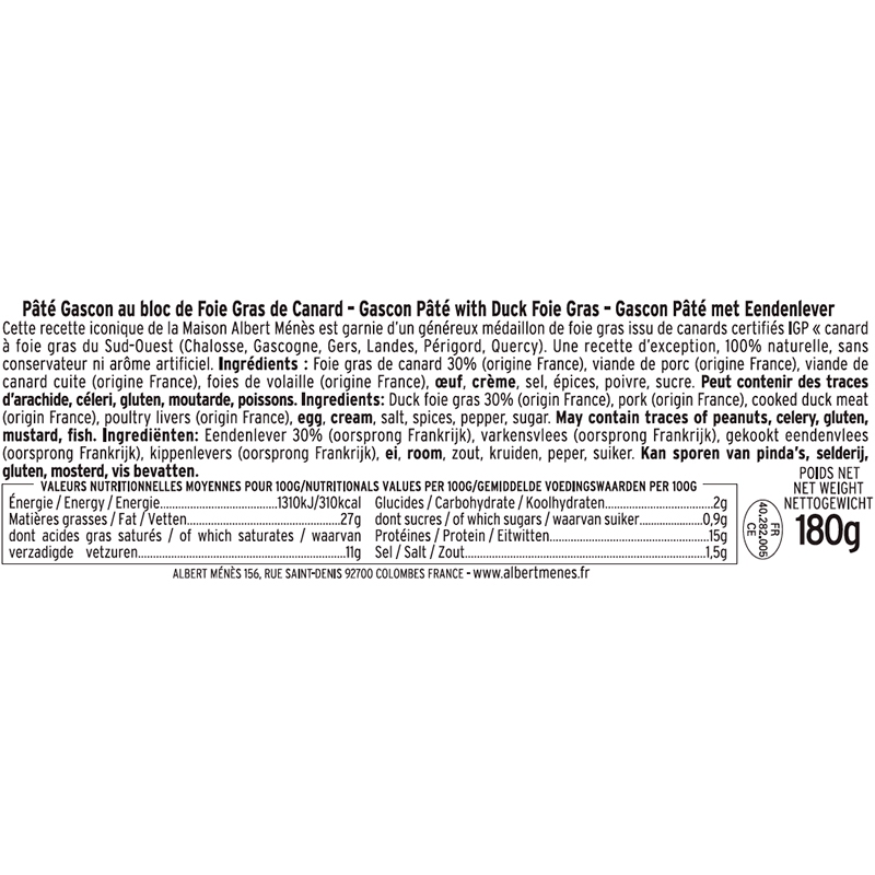 Pâté Gascon au Foie Gras de Canard 180 g