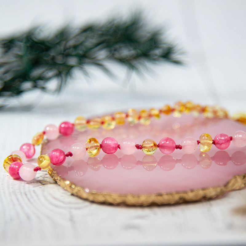 Collier Bébé Ambre et Pierre naturelle - Lemon/Quartz Rose/Calcédoine (réf CB10)
