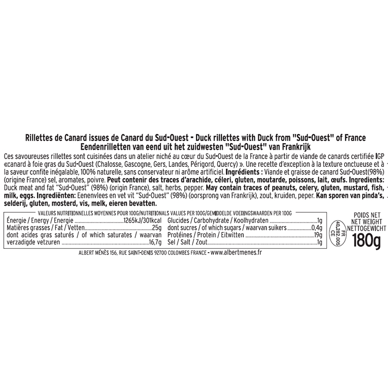 Rillettes de Canard au Canard Fermier du Sud Ouest 180 g