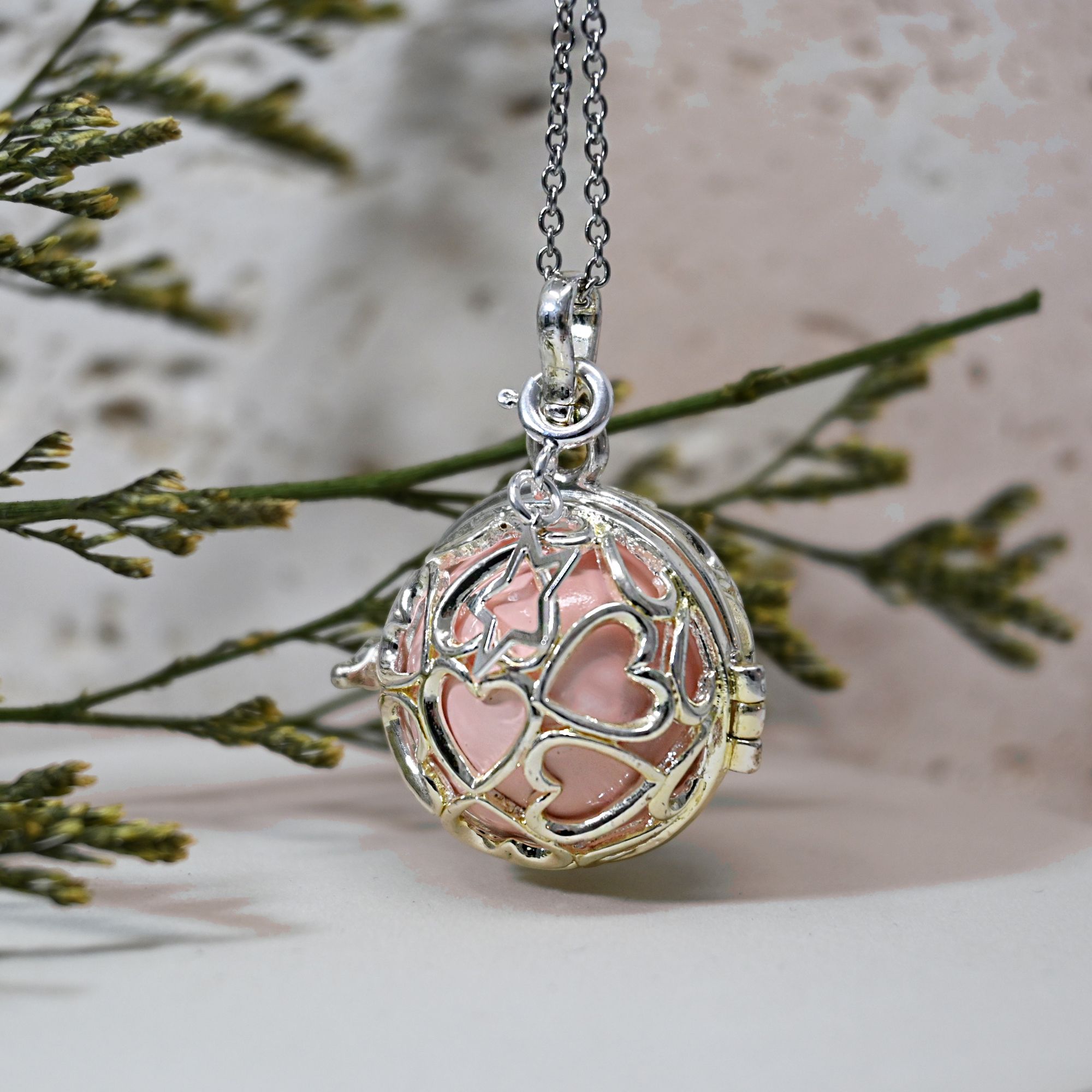 Bola de grossesse cage argent - ADRIANA (Cage cœur/Etoile évidée/bille rose) (réf NB3024)