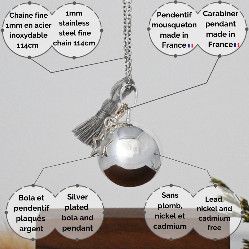 Bola de grossesse argent lisse - ALICE (Etoile/pompon gris) (réf NB1009)