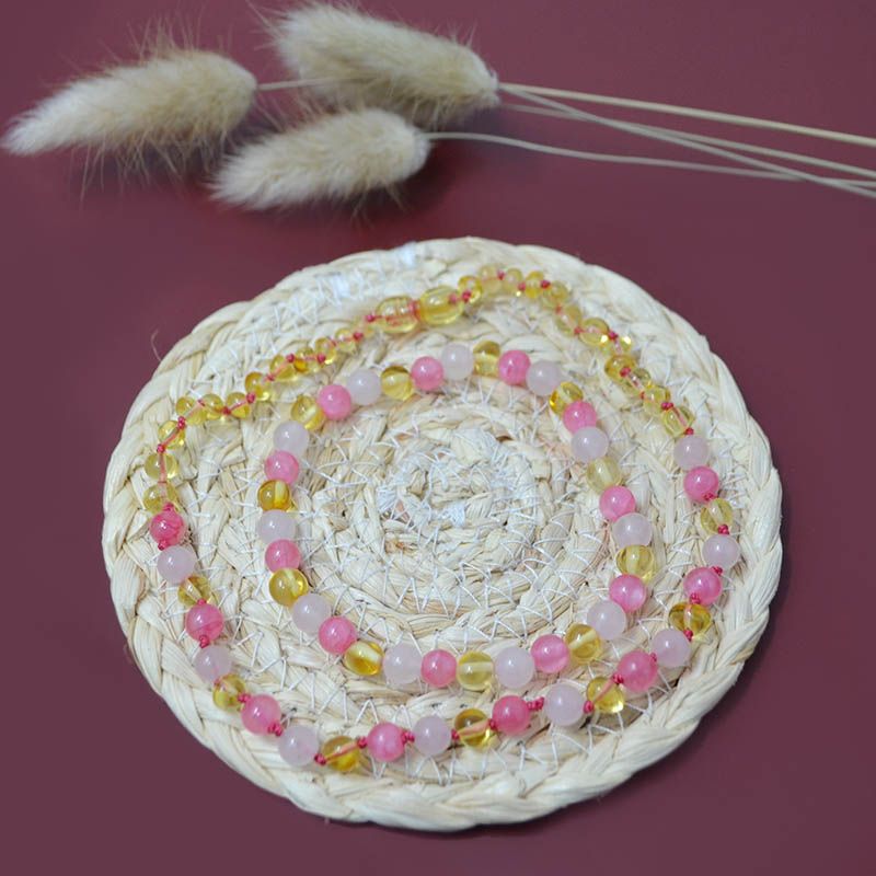 Box Bébé/Adulte Ambre et Pierre naturelle - Lemon, Quartz rose et Jade Rose (réf BOX-AM2)