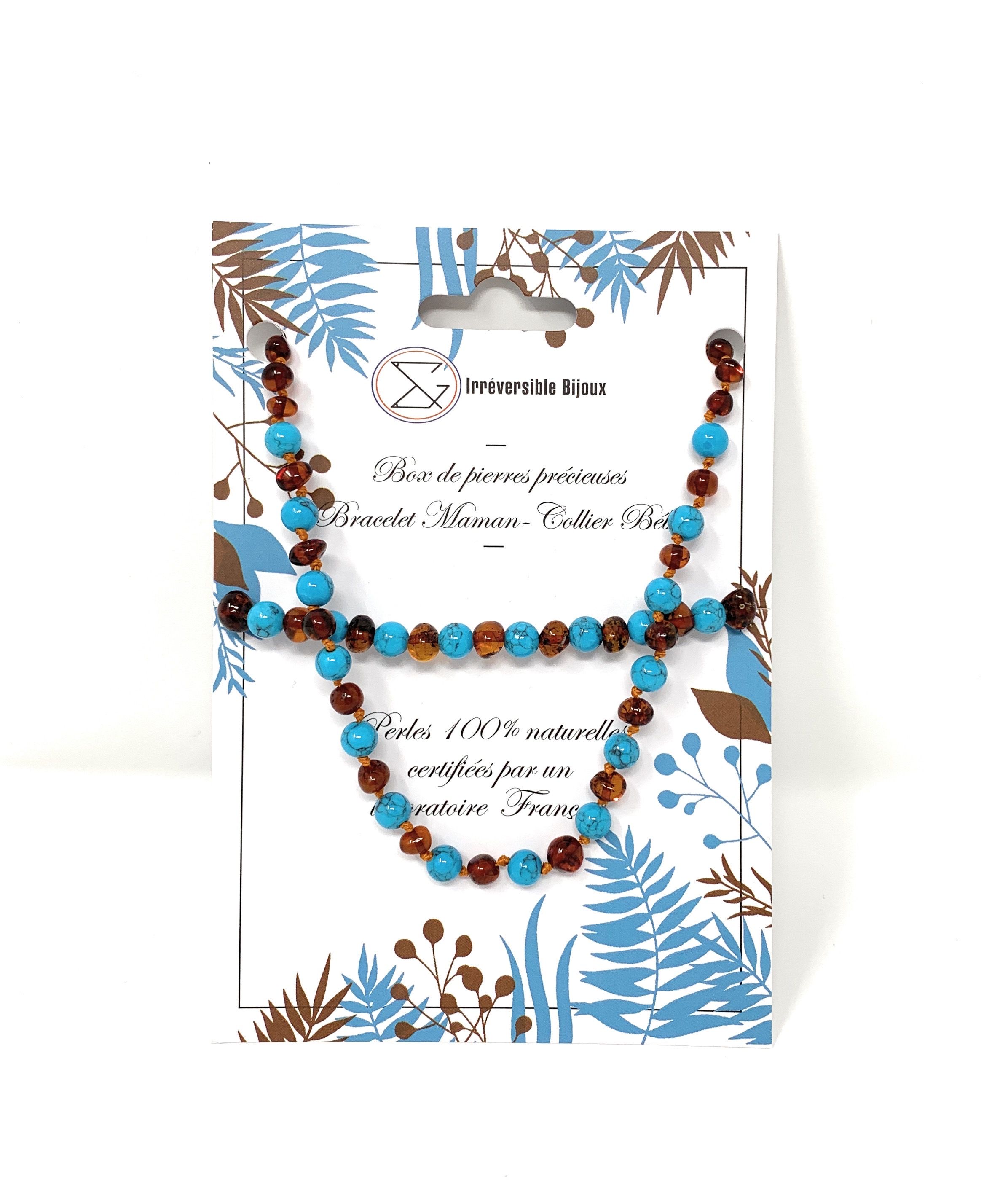 Box Bébé/Adulte Ambre et Pierre naturelle - Cognac et Turquoise Bleu (réf BOX-AM1)