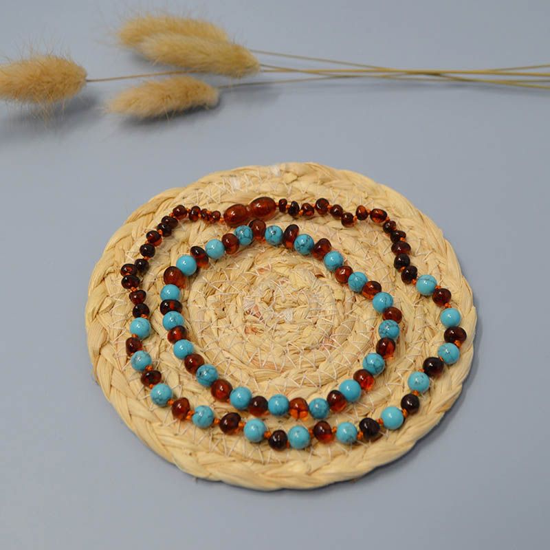 Box Bébé/Adulte Ambre et Pierre naturelle - Cognac et Turquoise Bleu (réf BOX-AM1)