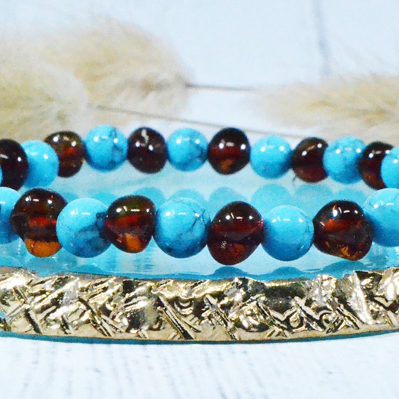Bracelet Adulte Ambre et Pierre naturelle - Cognac/Turquoise Bleu (réf BA15)