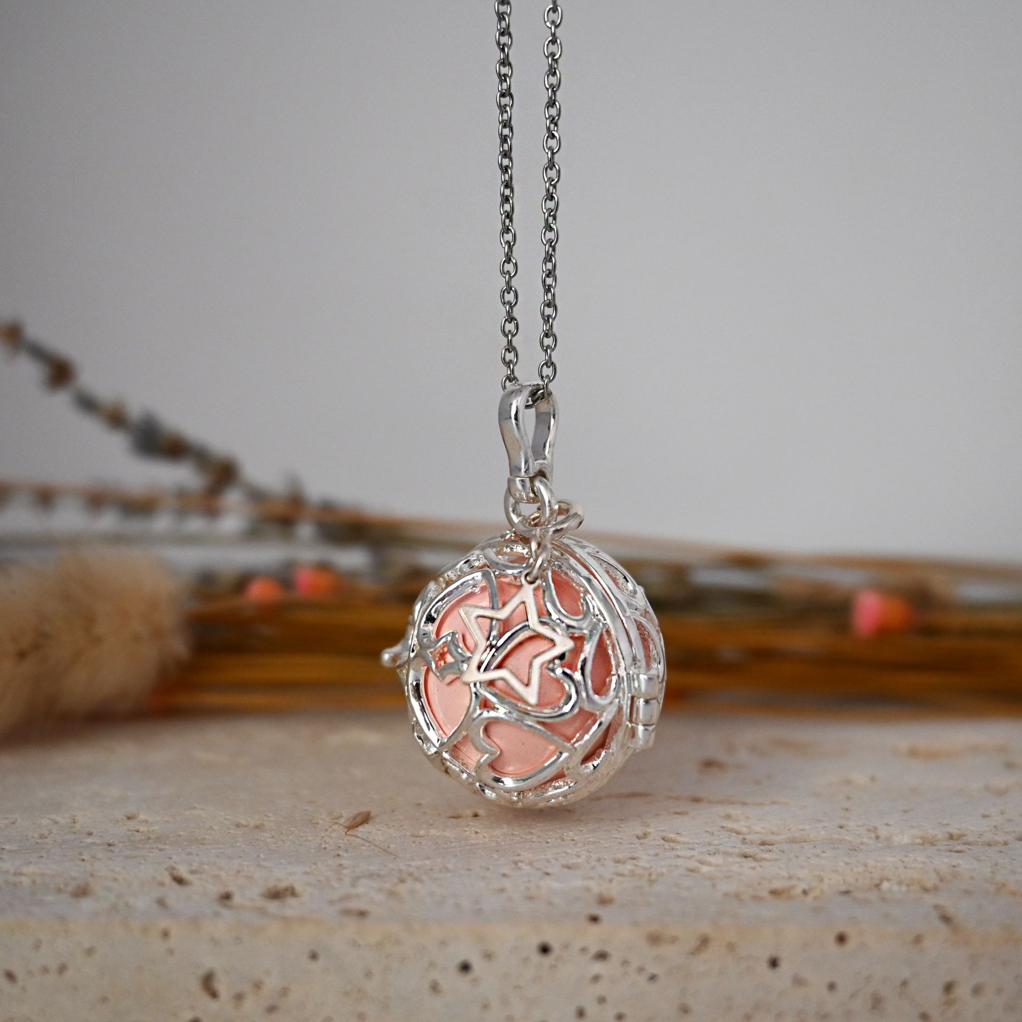 Bola de grossesse cage argent - ADRIANA (Cage cœur/Etoile évidée/bille rose) (réf NB3024)