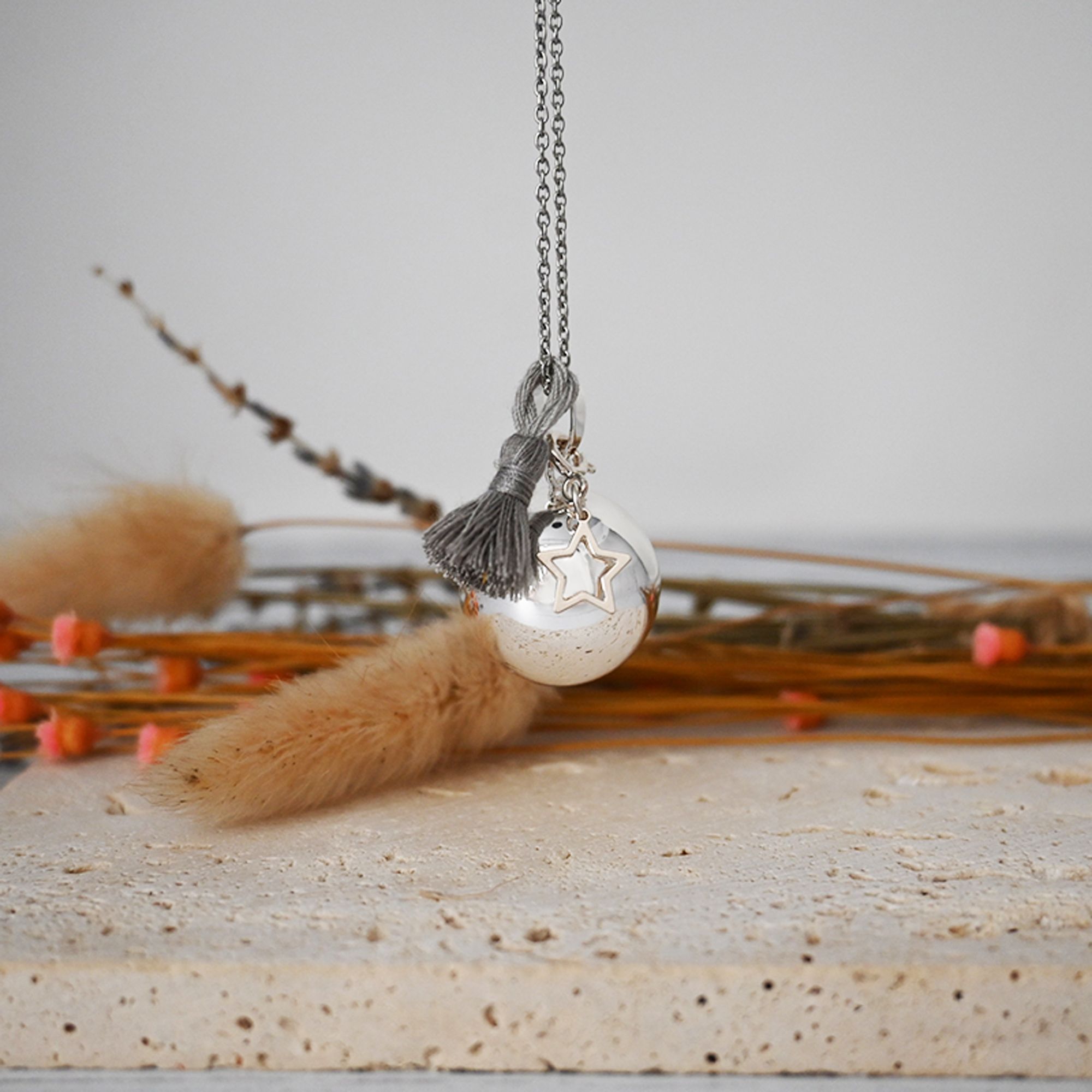 Bola de grossesse argent lisse - ALICE (Etoile/pompon gris) (réf NB1009)