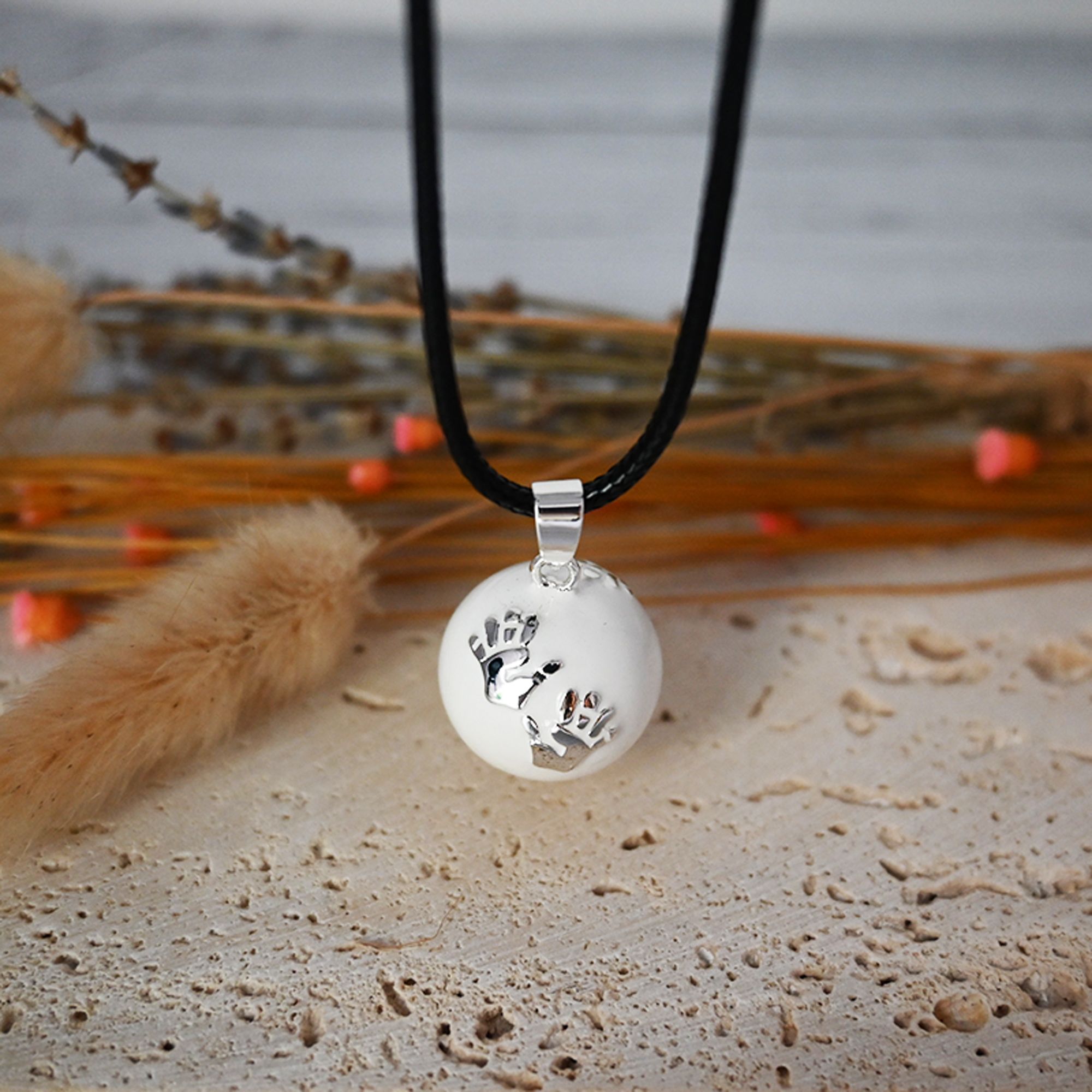 Bola de grossesse blanc lisse/motif argent - ZOÉ (Mains) (réf NB2003)