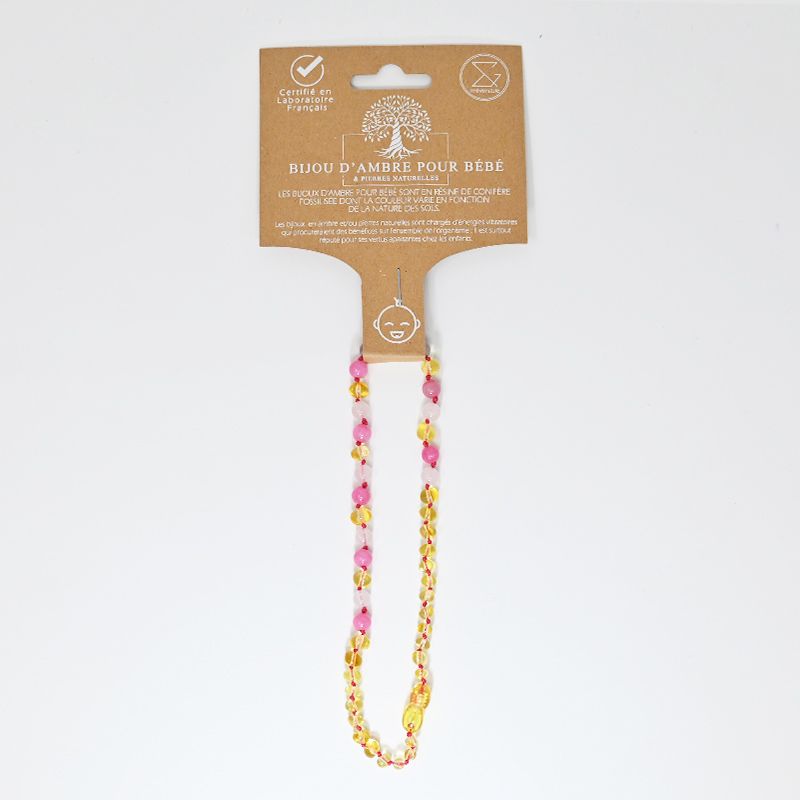 Collier Bébé Ambre et Pierre naturelle - Lemon/Quartz Rose/Calcédoine (réf CB10)