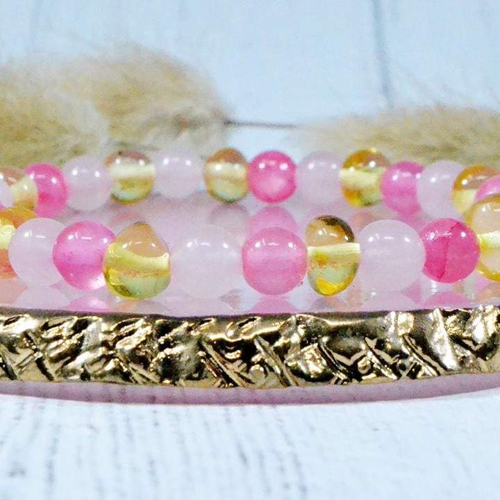 Bracelet Adulte Ambre et Pierre naturelle - Lemon/Quartz Rose/Calcédoine (réf BA13)