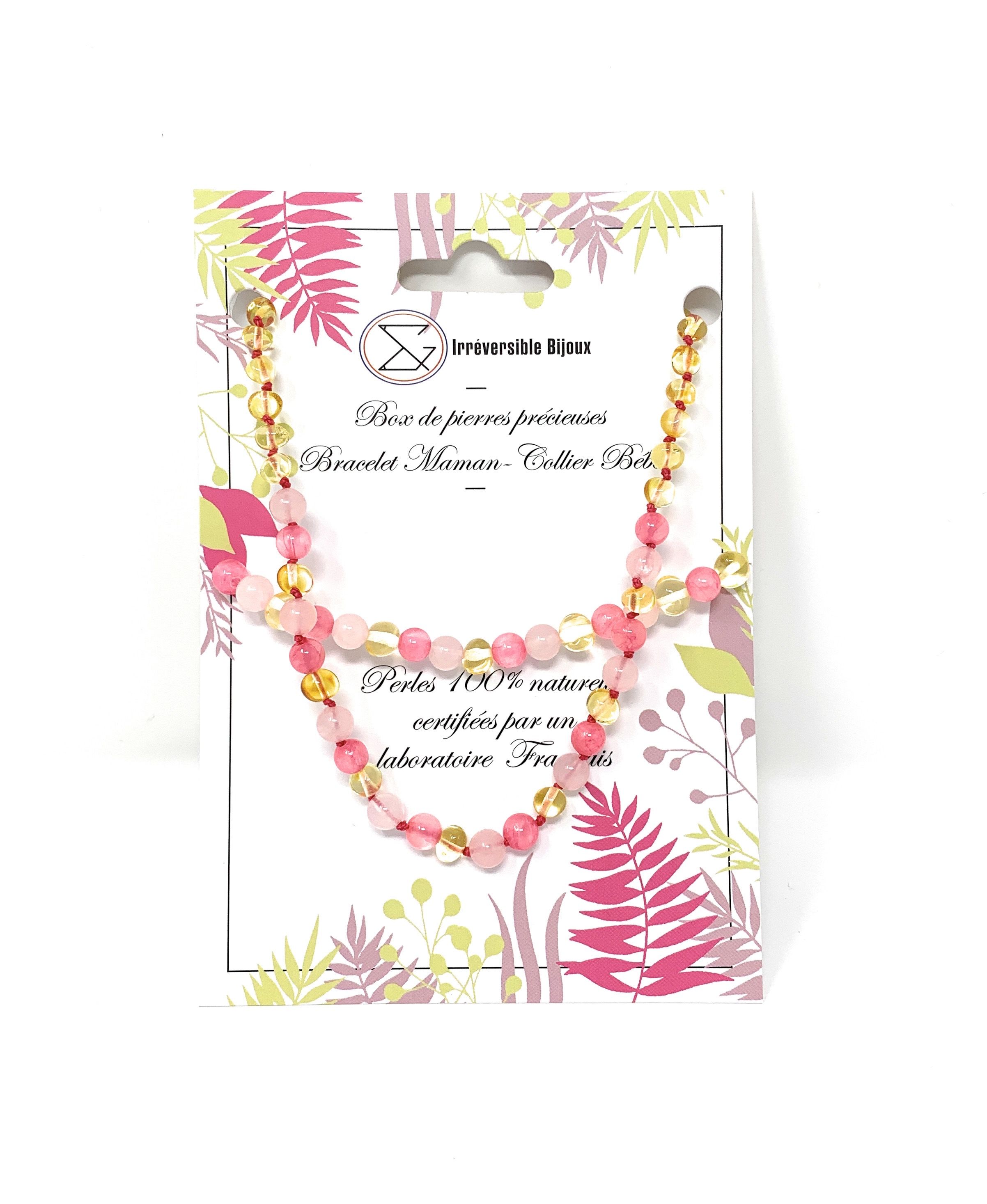 Box Bébé/Adulte Ambre et Pierre naturelle - Lemon, Quartz rose et Jade Rose (réf BOX-AM2)